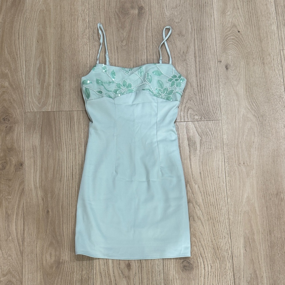 Chic Light Blue Floral Embroidered Mini Dress